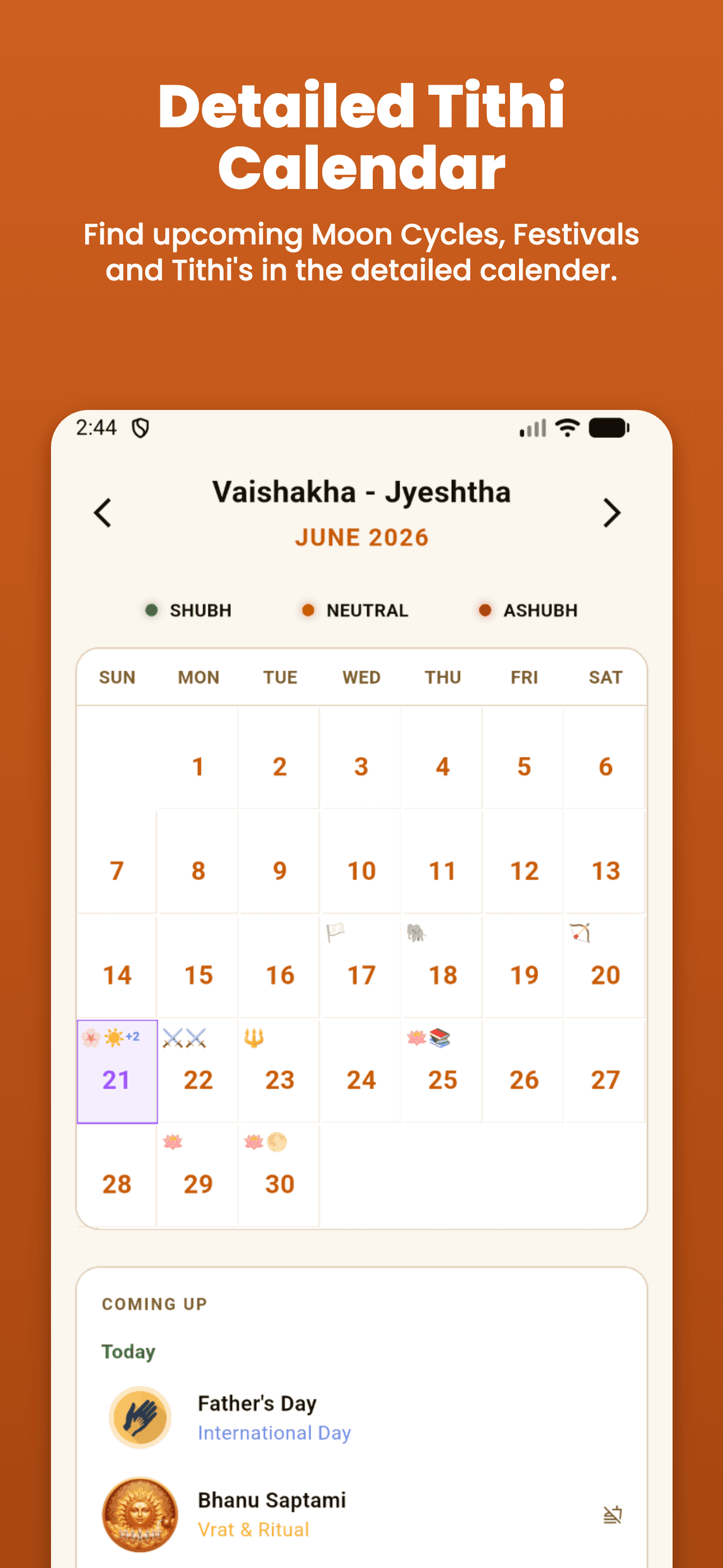 Detailed Tithi Calendar screen in Shubh Kaalam