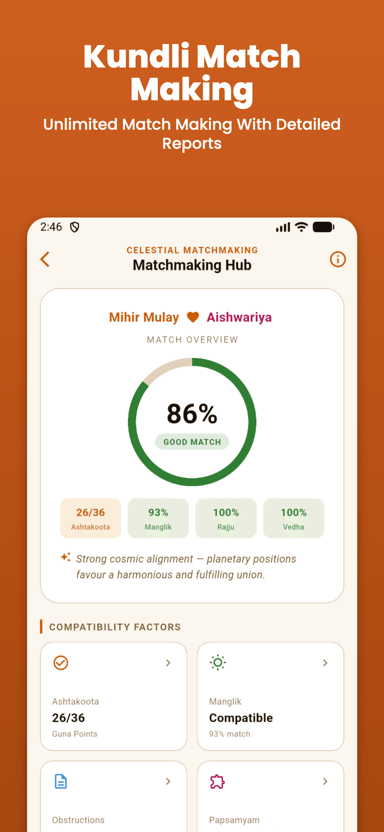 Kundli Match Making screen in Shubh Kaalam