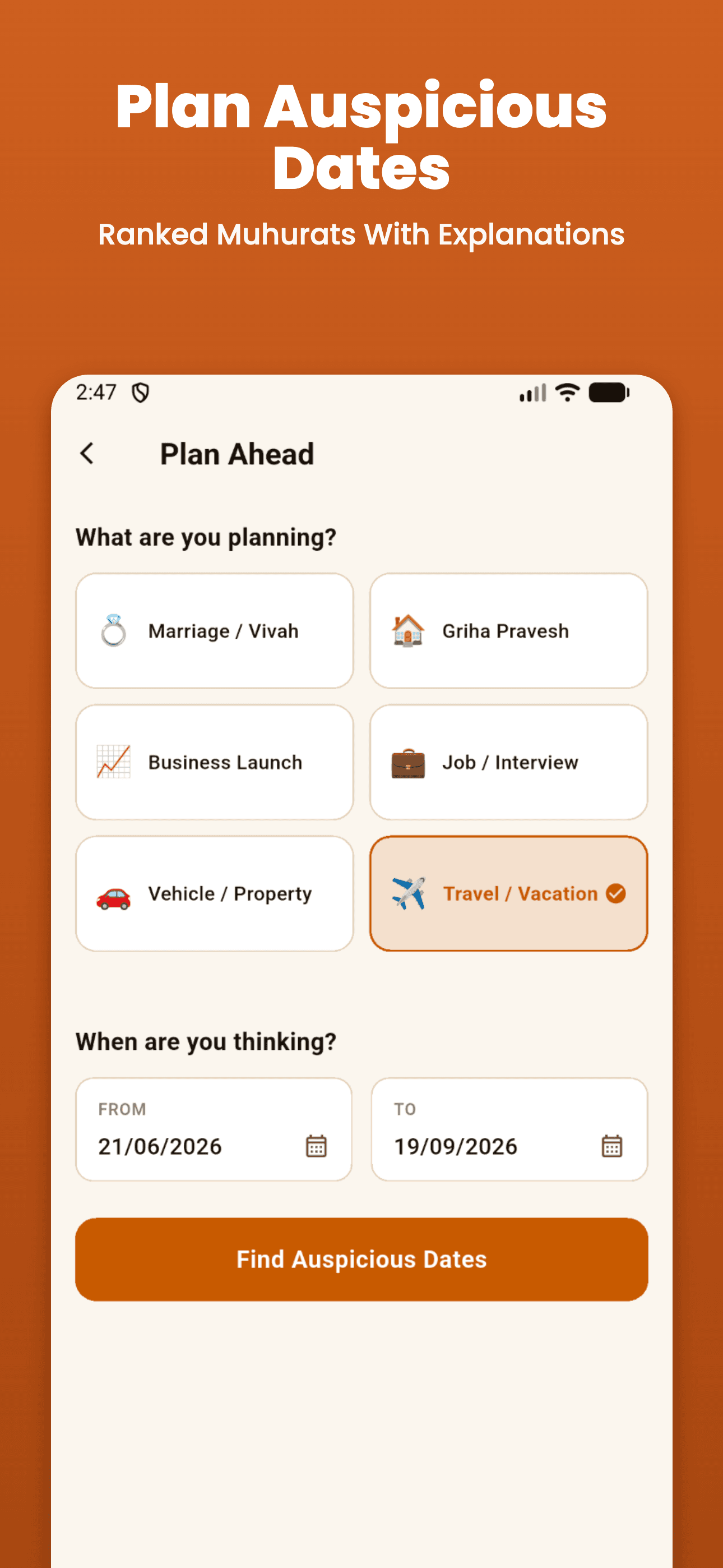 Plan Auspicious Dates screen in Shubh Kaalam