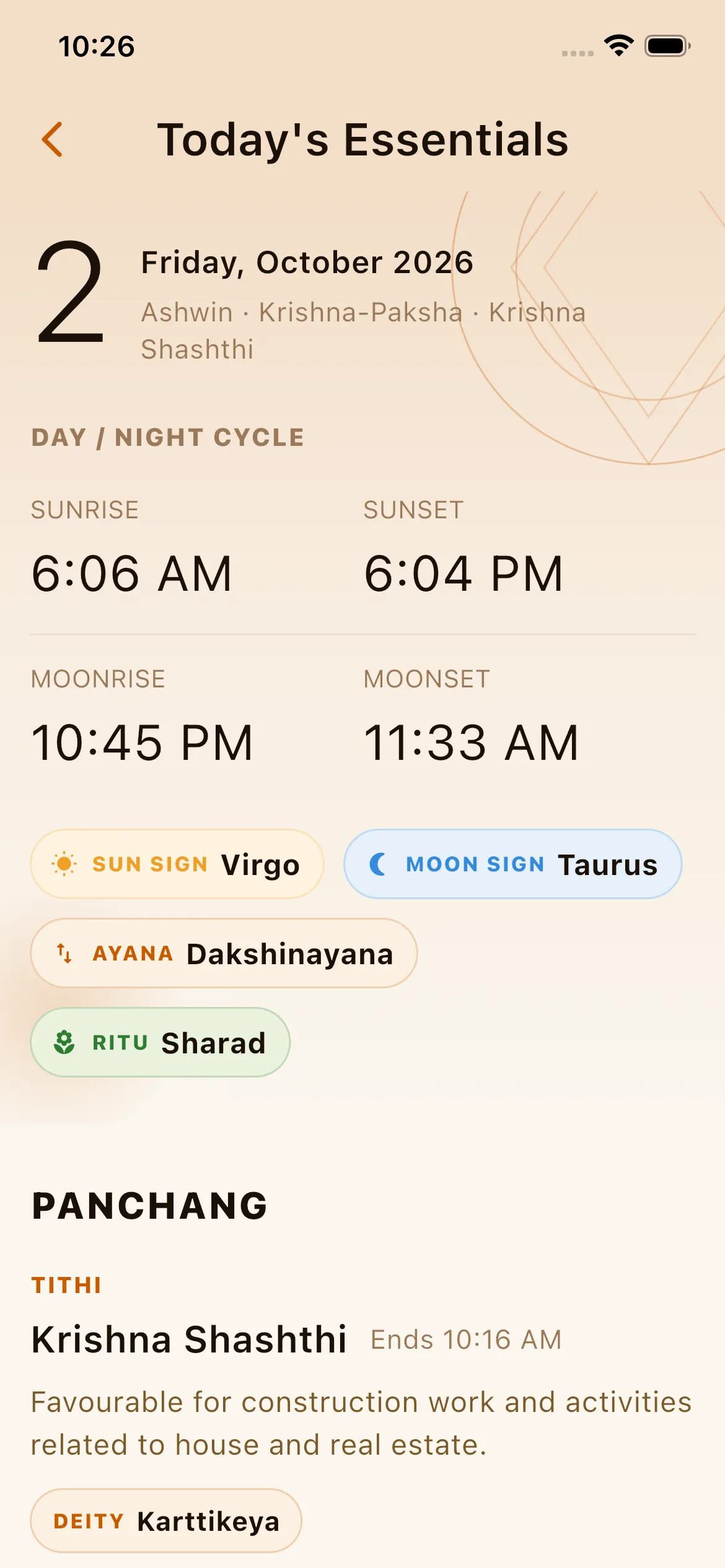 Shubh Kaalam daily Panchang showing sunrise, sunset and the muhurta guide