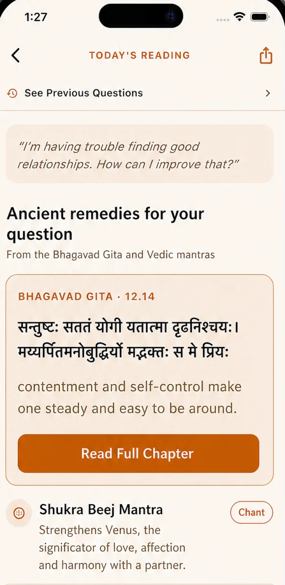 Shubh Kaalam showing a Gita verse and beej mantras as remedies for a question